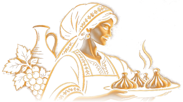 Glowing line drawing of a Georgian mother in a headscarf carrying a tray of steaming khinkali