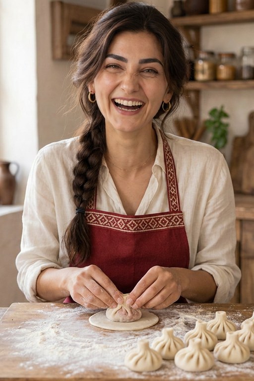 Tamara laughing as she shapes Georgian khinkali by hand, Deda Georgian kitchen in Vancouver